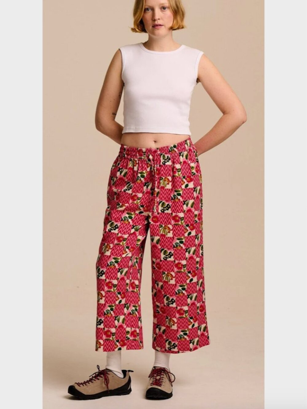 Lucy and Yak NWT Chuck Wide-Leg Cotton Trousers in Zig Zag Floral Checkerboard